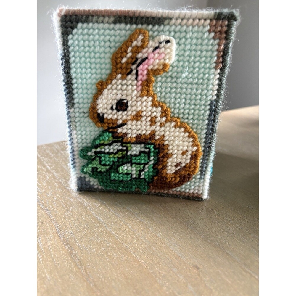 Vintage Finished Needlepoint Tissue Box Cover Bunny Cottagecore Kitsch Nature